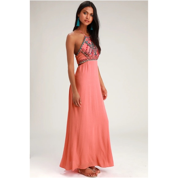 Lulus Dresses & Skirts - Little Beach Coral Pink Embroidered Maxi Dress sz L Large NWT